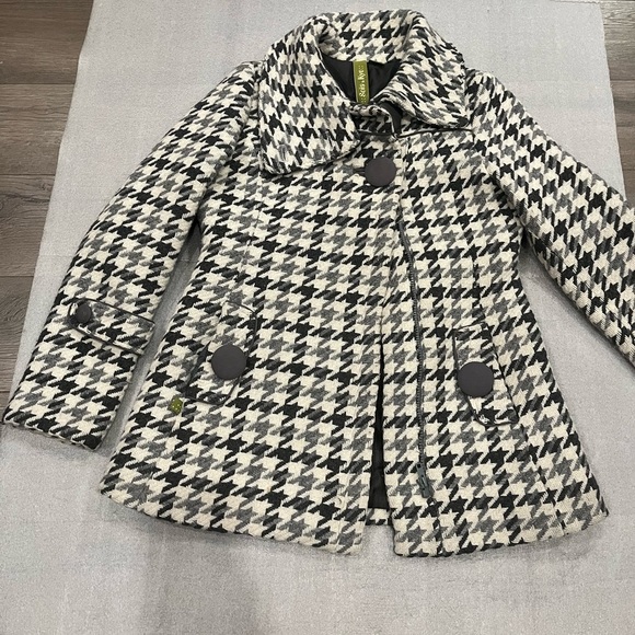 [M]Soia & Kyo Black and White Wool Blend Houndstooth Pea Coat - Picture 2 of 10